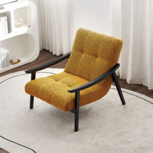 Yellow Tufted Fabric Leisure Chair with Wooden Armrests