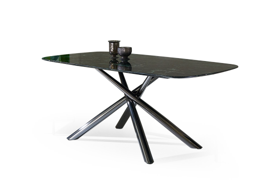 Contemporary Black Marble Dining Table, Cross - Leg Metal Frame