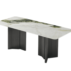 Modern White Marble Dining Table with Black Ribbed Metal Legs