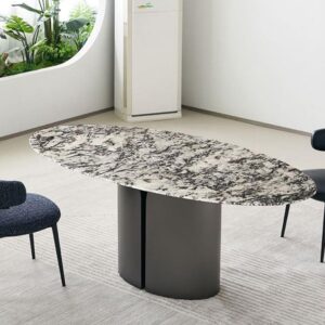Modern Oval Marble Dining Table with Dark Metal Base