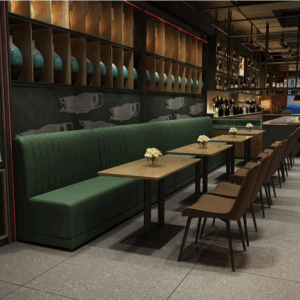 Industrial - Style Green Leather Banquette & Wooden Table Restaurant Set