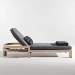 Gray Outdoor Chaise Lounge with Wooden Frame & Accent Pillows