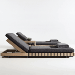 Outdoor Reclining Lounger Set Gray Fabric, Teak – Like Wooden Frame