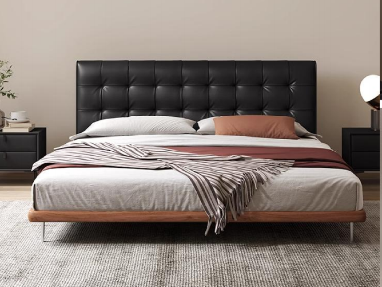 Luxury Black Leather Bed with Tufted Design and Metal Supports (2)